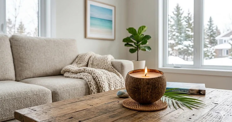 A cozy Canadian living room with a lit coconut shell candle on a rustic wood coffee table, evoking a warm beach vacation feel while snow is visible through the window. tropical coconut candles vacation