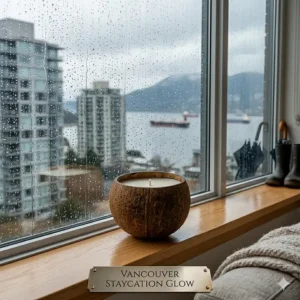 A close-up view from inside a cozy, rain-washed Vancouver apartment looking out a large window; a natural coconut shell candle sits on a wooden sill with a brass plaque reading "VANCOUVER STAYCATION GLOW."