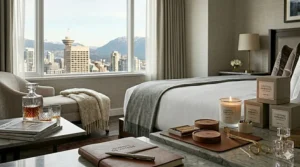 A tranquil spa setting in Vancouver featuring luxury candles that smell like expensive hotel wellness centers with notes of eucalyptus and white tea.