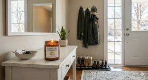 A bright Canadian entryway with a citrus-scented candle next to winter boots and a coat rack.