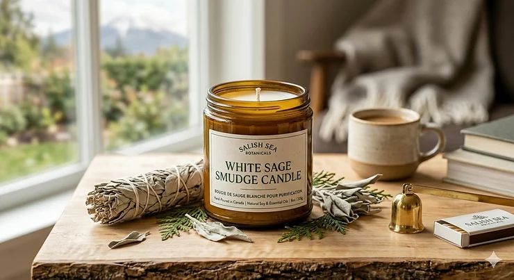 A hand-poured white sage smudge candle with dried botanicals on a wooden table, featuring a "Made in Canada" label and cozy home decor.