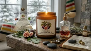 An illustrated gift box containing a wild fig candle Mediterranean fragrance, perfect for a Canadian housewarming present.