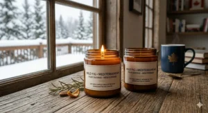 Mediterranean wild fig candles creating a "hygge" atmosphere in a Canadian home during the winter season.