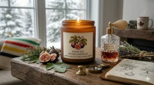 A relaxing spa-inspired illustration of a wild fig candle Mediterranean scent next to a modern Canadian bathtub.