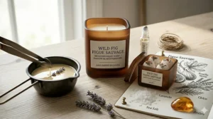 Infographic illustration of clean-burning ingredients in wild fig candles Mediterranean collection.