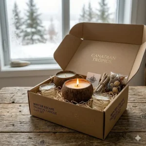A close-up photorealistic photograph of a "Winter Escape Tropical Candle Gift Set" box filled with coconut shell candles, votives, driftwood, and seed pods, with a frosted window showing blurred pine trees in the background.