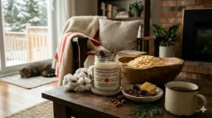 Pine and cedar scented candles crafted by local Canadian makers for a winter cabin atmosphere.