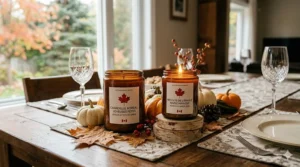 High-detail 4K photo of a bilingual Canadian Action de grâce (Thanksgiving) table setting, featuring an amber jar candle with French and English 'Happy Thanksgiving' labels and dried maple leaves.