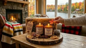 A festive illustration of an apple cider candle gift set wrapped in plaid ribbon for a Canadian holiday.