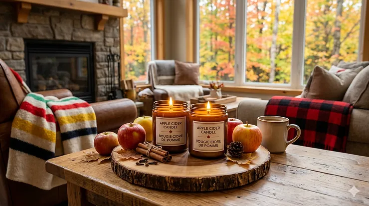 A cozy Canadian living room featuring flickering apple cider candles on a rustic wooden table with maple leaves.
