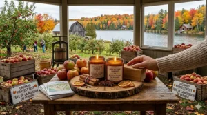 An illustration of spiced apple cider candles sitting on a wooden crate at a local Canadian apple orchard.