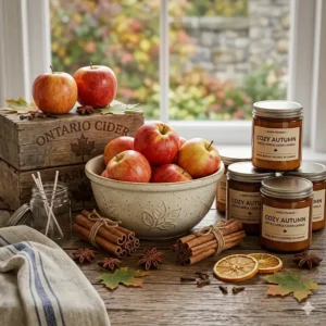 An artistic illustration of apple cider candles surrounded by cinnamon sticks, cloves, and fresh Ontario apples.