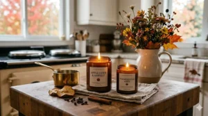 High-detail 4K photo of a cozy Canadian kitchen with natural window light, featuring lit 'Apple Cider & Harvest' and 'Thanksgiving Vibes' amber jar candles on a rustic butcher block counter next to dried apple slices, cloves, and a wildflower bouquet.