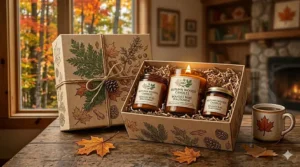 An illustration of an autumn woods candle sitting on a mossy log amidst the golden larches of the Canadian Rockies.