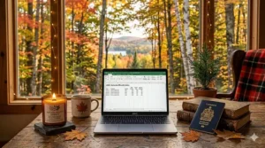 Soy-based autumn woods candles lighting up a backyard patio in Quebec during a crisp October evening.