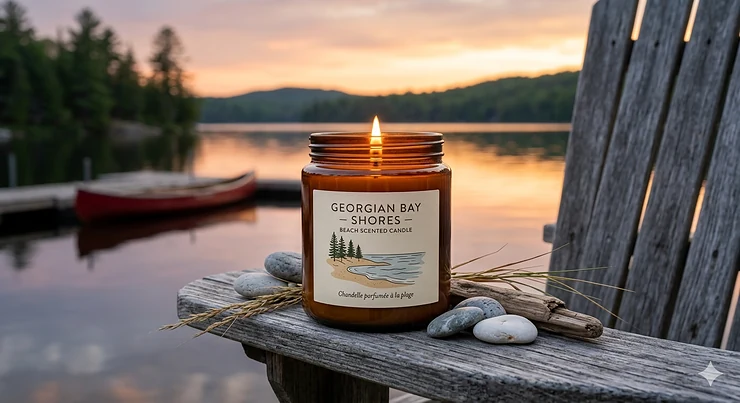 A premium hand-poured beach scented candle on a Muskoka chair overlooking a serene Ontario lake at sunset.