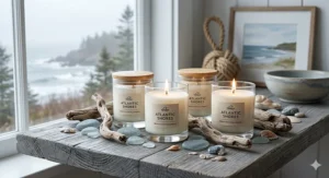 Coastal beach scented candles styled with driftwood and sea glass inspired by Nova Scotia's rugged Atlantic shores.