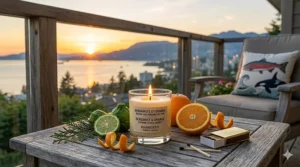 A bergamot and orange candle glowing on a coastal Vancouver balcony during a summer sunset.