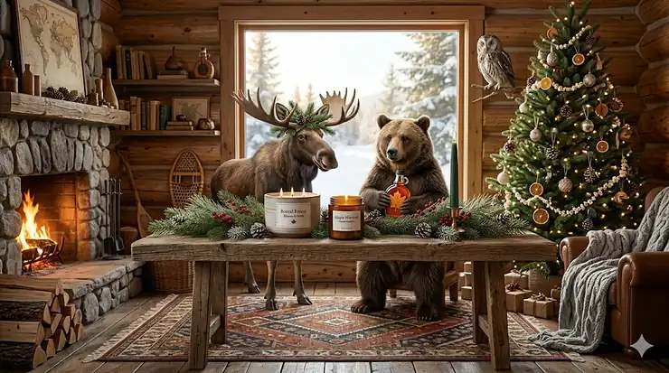 A cozy Canadian living room featuring the best Christmas candles on a wooden mantel with pine garlands and a snowy window view.