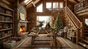A warm illustration of holiday candles flickering inside a rustic log cabin in the Rockies.