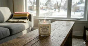 Alt text for image 3: A Best Day candle with "Cozy Cabin Vibe" branding in a sunlit Canadian home overlooking a snowy landscape.