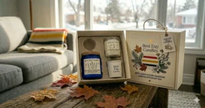 Alt text for image 9: A premium Best Day Candles gift box labeled "Canadian Edition Gift Box" with assorted candles and a gift tag.