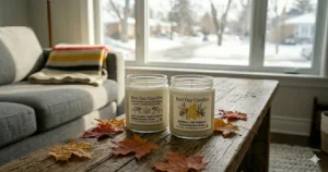 Alt text for image 5: Best Day candle labeled "Maple & Warmth" surrounded by dried maple leaves on a reclaimed wood surface.
