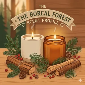 A photorealistic arrangement of fireside candles with scent notes of Canadian balsam fir, pine needles, and cedarwood.