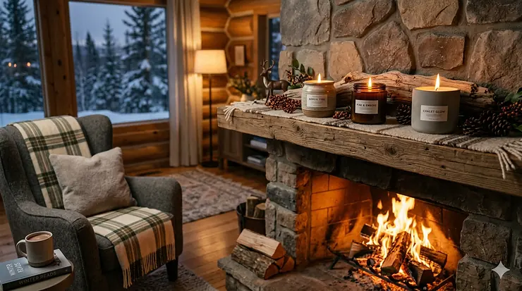 A collection of the best fireside candles burning on a rustic wood mantel in a cozy Canadian log cabin with a snowy forest view.