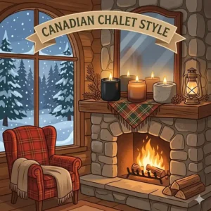 Luxury fireside candles in matte ceramic vessels styled within a modern Quebec-inspired chalet living room.
