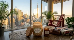 A vibrant mango-scented candle on a minimalist balcony overlooking the Toronto skyline, perfect for urban tropical decor.