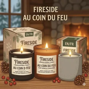 Premium candle packaging featuring bilingual labels in English and French, including Fireside and Au coin du feu.
