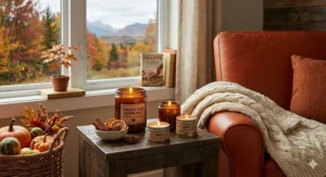 A high-detail close-up of amber glass cinnamon candles for fall with bilingual labels reading 'Bougies Cannelle' and 'Automne Canadien' on a wooden surface with star anise.
