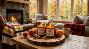 A minimalist illustration of a candle with a bilingual label reading Apple Cider and Cidre de Pomme.