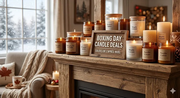 A festive arrangement of scented soy candles on a wooden mantle with a "Boxing Day Sale / Soldes de l'Après-Noël" sign in a Canadian home.