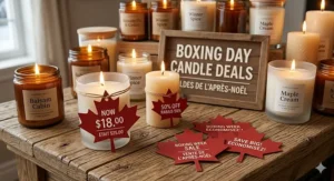 An illustration of a red maple leaf price tag attached to a jar candle to represent Boxing Day candle deals in Canada.