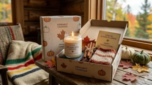 Alt text for image 6: A curated gift box featuring pumpkin spice candles and fall decor, perfect for Canadian Thanksgiving gifting.