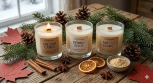 A visual representation of balsam fir and pine scented candles, a popular choice for Canadian Boxing Day candle shoppers.