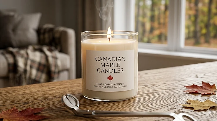 A premium hand-poured Canadian maple candle in a glass jar on a rustic wooden table, featuring a minimalist bilingual label.