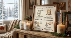 An informative illustration showing proper candle wick trimming and safety for Canadian homeowners enjoying winter deals.