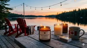 A high-detail, 4K photorealistic shot of luxury scented candles burning on a wooden dock with red Muskoka chairs and a Canadian lake sunset background for Victoria Day.