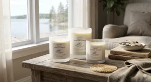 Minimalist aesthetic featuring beach scented candles (chandelles parfumées à l'odeur de plage) for a cozy Canadian home.