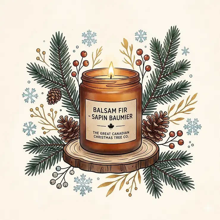 A cozy Canadian holiday mantelpiece with glowing Christmas tree scented candles, Balsam Fir greenery, and a view of snow outside.