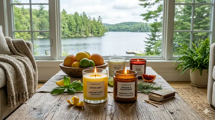 A bright Canadian living room featuring a collection of lemon and orange citrus candles for summer on a reclaimed wood coffee table.