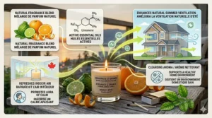 Infographic illustration showing the refreshing benefits of citrus candles for summer air circulation in Canadian homes.