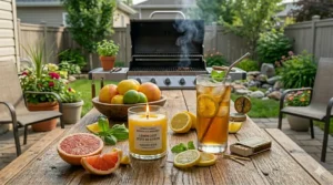 Modern illustration showing citrus candles for summer with English and French labels, reflecting Canadian bilingual branding.