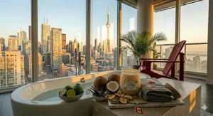 A bright citrus-infused tropical candle contrasted with cozy Canadian wool mittens, representing a warm escape from the cold.