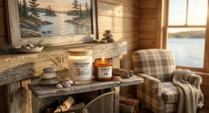 Warm beach scented candles on a wooden mantle in a Canadian cottage, capturing the essence of a breezy lakeside afternoon.