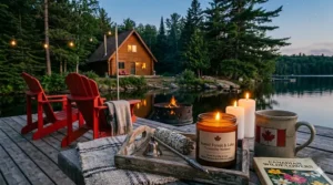 High-detail illustration of a rustic Canadian log cabin at dusk with warm candles and a campfire by the water.