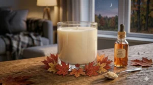 A cozy Canadian cabin interior illustration featuring a lit maple candle and a warm plaid blanket.
